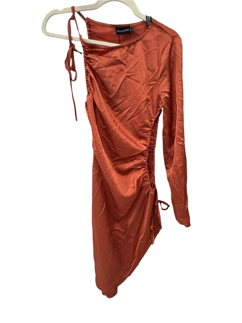PrettyLittleThing Rust Satin Asymmetrical One-Shoulder Cut-out Dress
